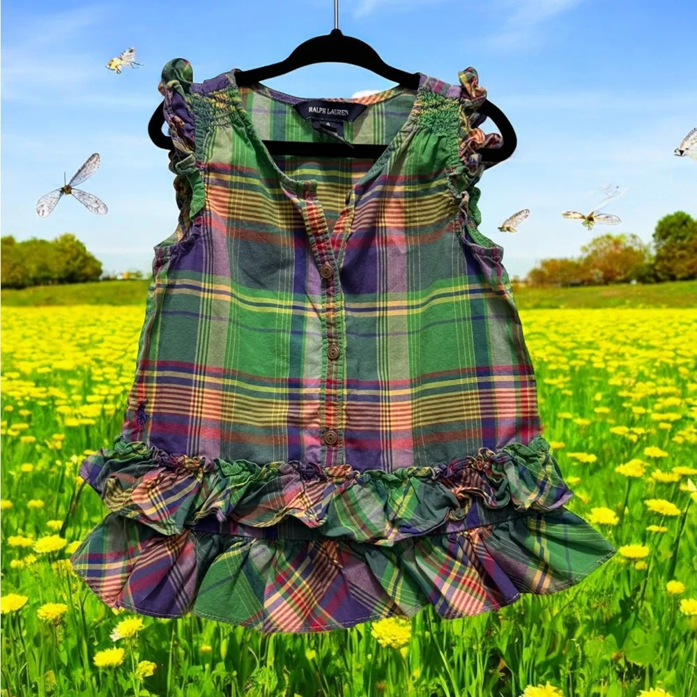 Ralph Lauren Multicolor Plaid Ruffle Blouse size 4